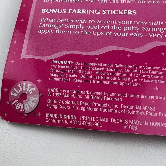 BARBIE Press On Nails Puff Earrings Fingertip Fun Millennial VTG 90s Mattel 1997 - Picture 2 of 5